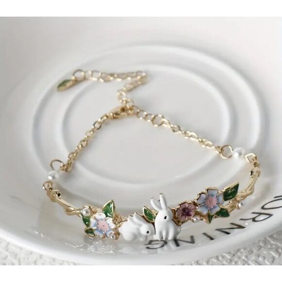 Curved Band Bracelet Bunnies in Flowers Gold Adjustable Chain NWT Cottagecore - Picture 2 of 6